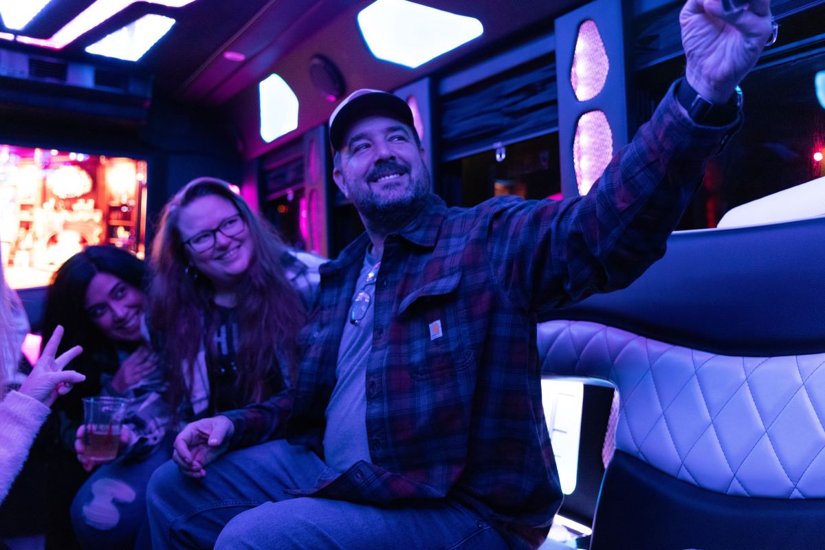 friends on a Chicago party bus