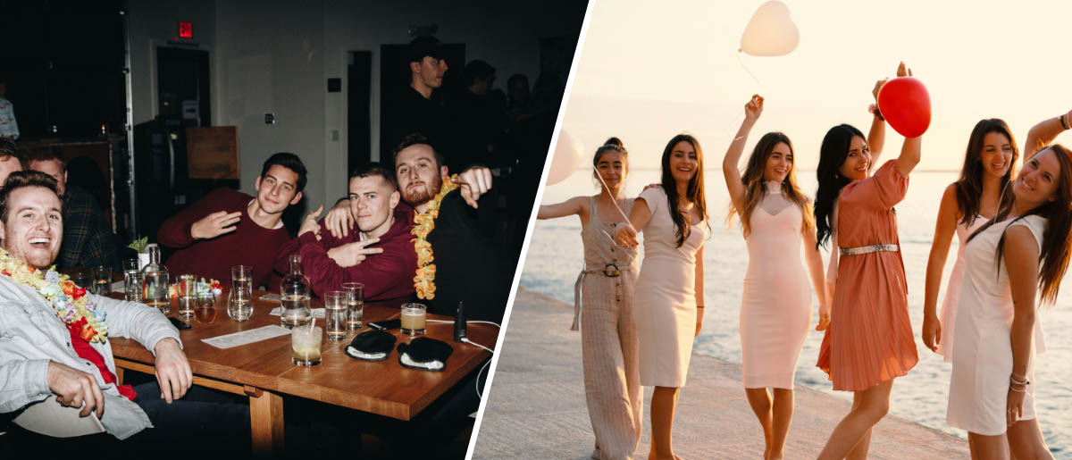 split photo of bachelor party and bachelorette party
